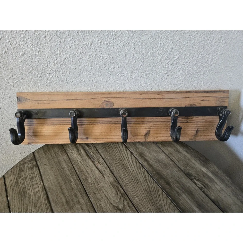 Rustic Farmhouse Wood 5 Hanger Wall Hook with Industrial Black Metal Hardware